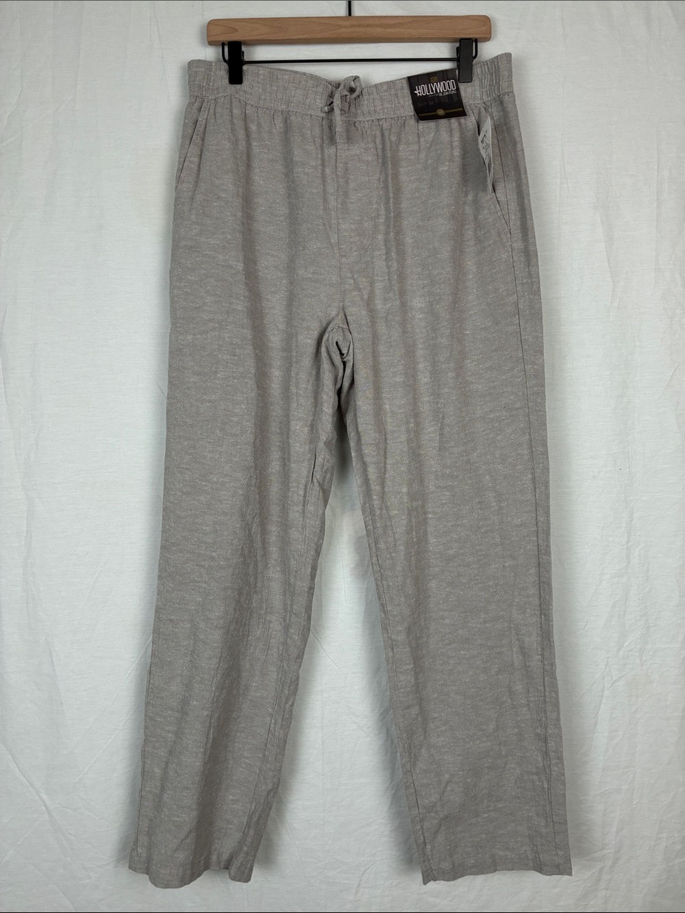 NWT Women’s Large Linen-Blend Drawstring Pants Pockets Hollywood Khaki Gray
